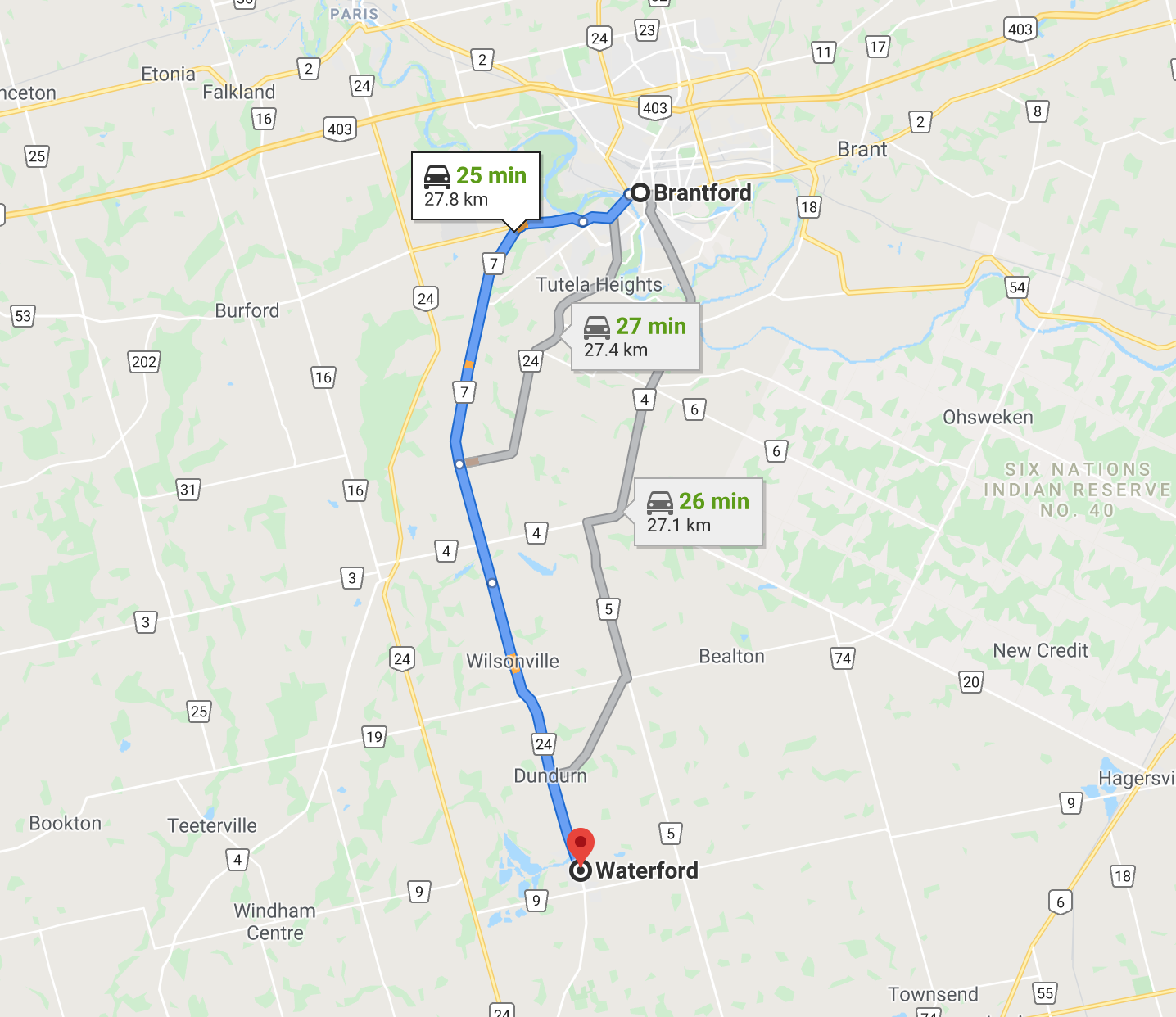 Direction map from Brantford to Villages of Waterford